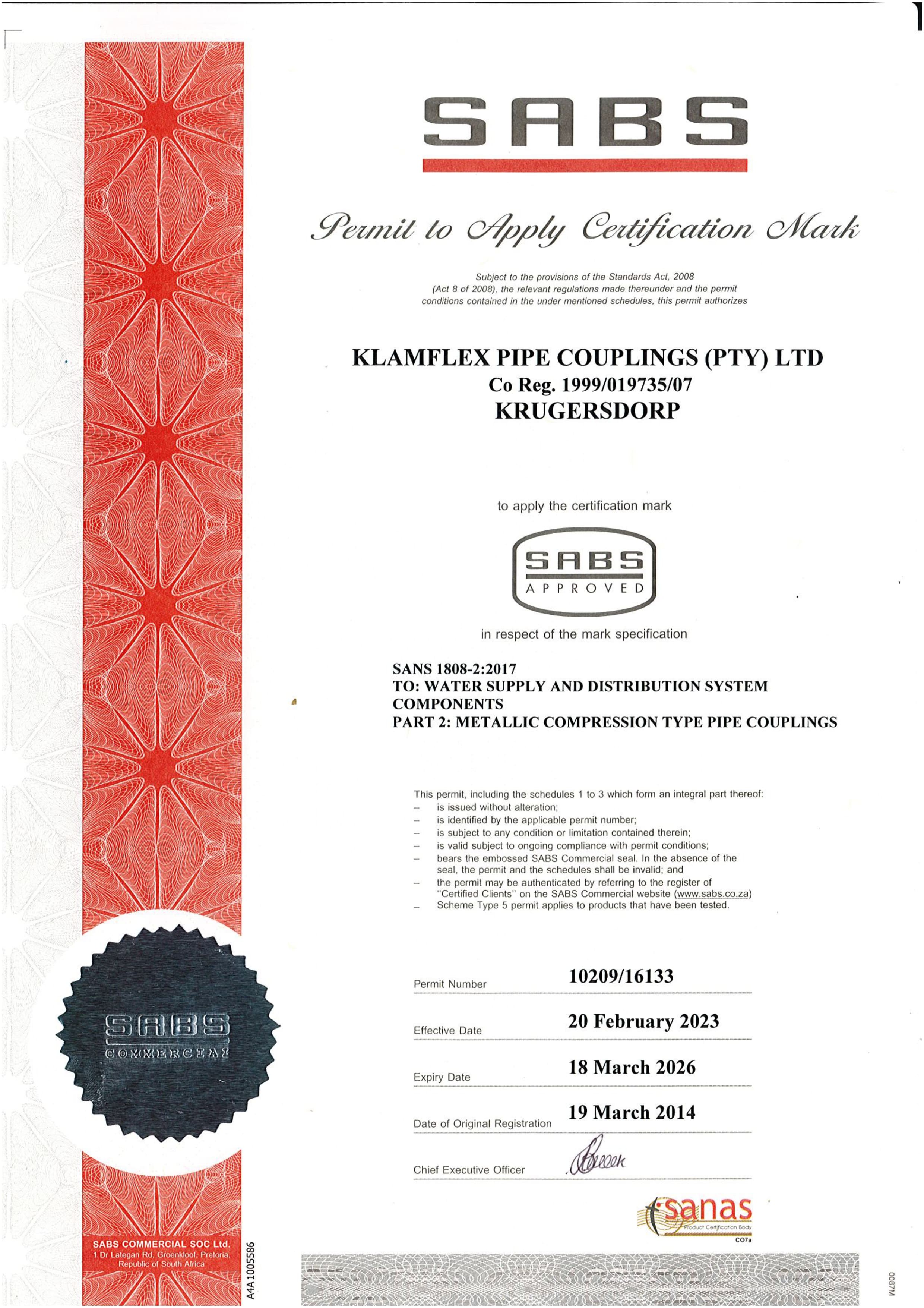 Klamflex SABS Certificate Permit to Apply Certification Mark to Water Supply and Distribution System Components
